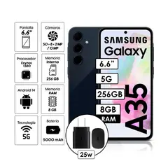 SAMSUNG - Celular Galaxy A35 5G 8GB RAM 256GB Negro + Cargador de 25w Negro