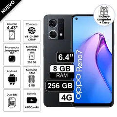 OPPO - Celular Reno 7 256GB, 8GB ram, cámara principal 64 + 2 + 2MP, frontal 32MP, 6.43", negro
