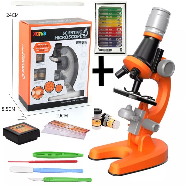 Microscopio Educativo Cientifico Juguete-ANARANJADO + CAJA 12 MUESTRAS