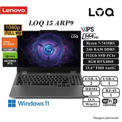 LENOVO - LOQ 15ARP9 RYZEN 7-7435HS 24GB DDR5 512GB SSD 8GB RTX4060 15.6 FHD IPS 144HZ W11