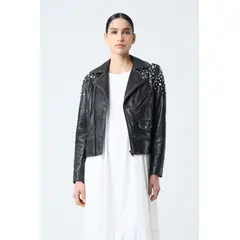 VELEZ - Vélez Casaca Biker De Cuero Para Mujer Cristales Negro