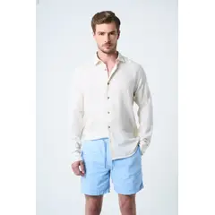 VELEZ - Vélez Bermuda Marfil Lino Hombre Silueta Amplia Azul Claro