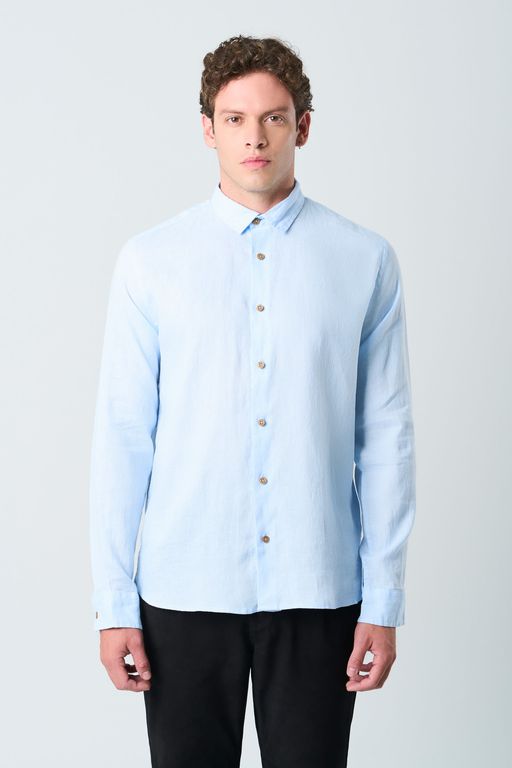 Vélez Camisa Manga Larga Lino Hombre SemiFit Azul Claro