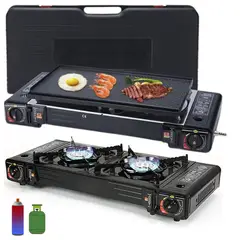 SANTOFA ELECTRONICS - Cocina a gas portatil 2 hornillas 2 en 1 con parrilla Camp