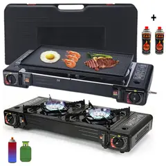SANTOFA ELECTRONICS - Cocina a gas portatil 2 hornillas 2 en 1 con parrilla + gas