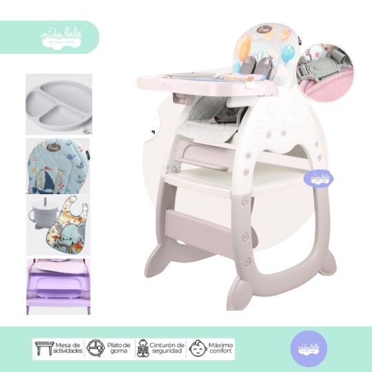 Silla De Comer bebé 2 en 1 con set de alimentación plomo