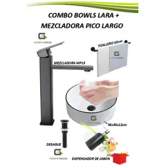 GREEN HOUSE - COMBO BOWLS LARA + MEZCLADORA PICO LARGO MP13 + DESAGUE NEGRO