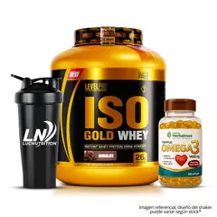 LEVEL PRO - Iso Gold Whey 3 kg chocolate + omega 3 herbalmax 100 capsulas + shaker