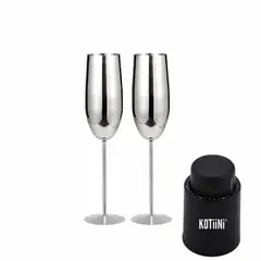 KOTIINI - Set 2 copas champán acero 250ml plata + Tapón conservador de vino