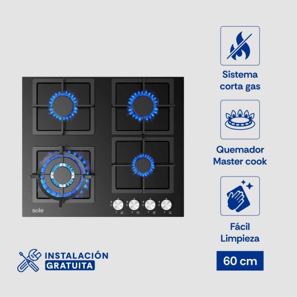 Encimera Empotrable 4 Quemadores Vidrio Templado Negro SOLCO040