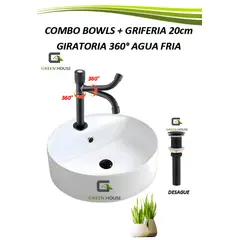 GREEN HOUSE - COMBO BOWLS REDONDO + GRIFERIA 20cm GIRATORIA 360° AGUA FRIA