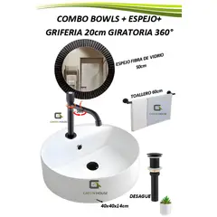GREEN HOUSE - COMBO BOWLS REDONDO + ESPEJO +GRIFERIA 20cm GIRATORIA 360° AGUA FRIA