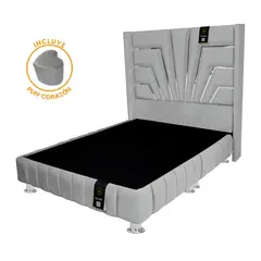 BARAKA HOME - Base de cama Encajonada + Cabecera Orleans + Puff 2 Plz - Gris Claro