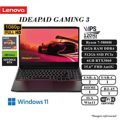 LENOVO - LAPTOP IDEAPAD GAMING 3 RYZEN 7-5800H 16GB RAM 512GB SSD 6GB RTX3060 15.6 FHD IPS W11