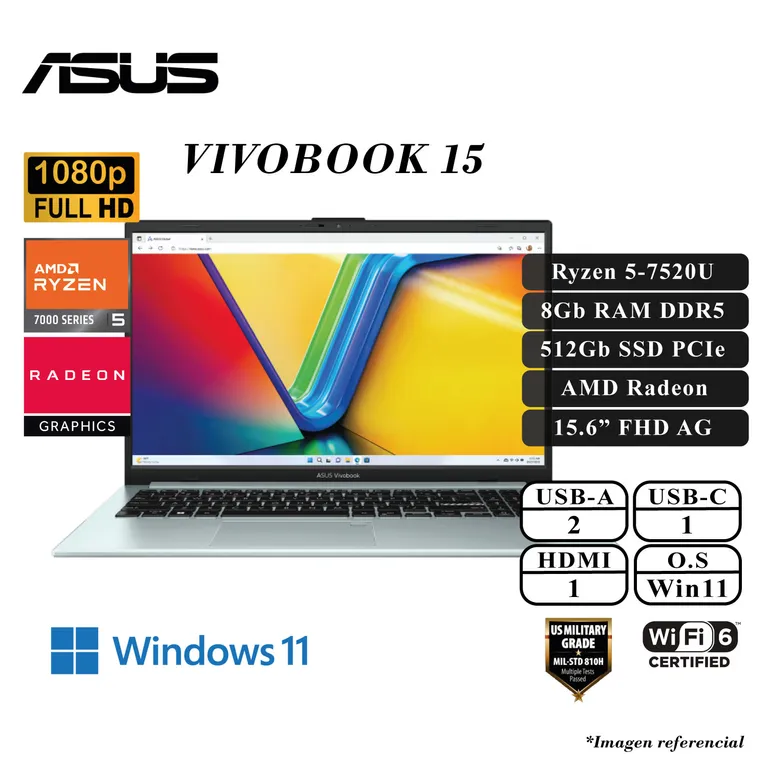 LAPTOP VIVOBOOK 15 RYZEN 5-7520U 8GB DDR5 512GB SSD AMD RADEON 15.6 FHD W11