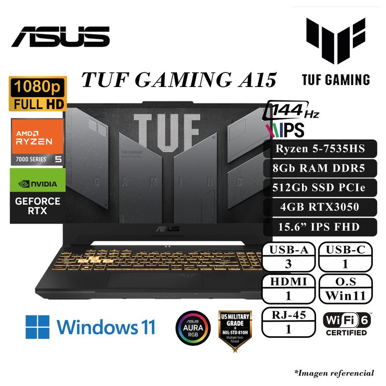LAPTOP TUF A15 GAMING FA506N RYZEN 5-7535HS 8GB DDR5 512SSD 4GB RTX3050 15.6 FHD 144HZ W11
