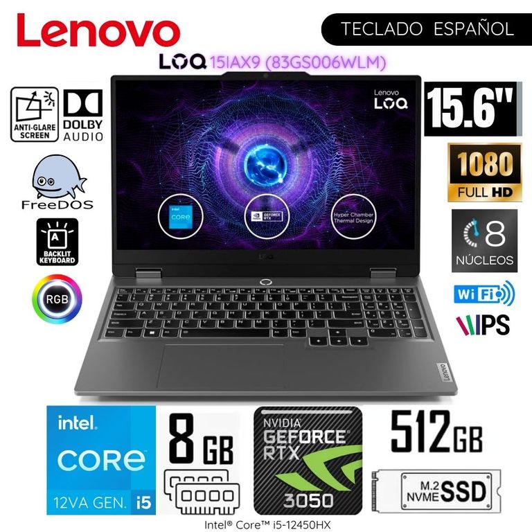 Laptop LOQ 15IAX9 Intel Core i5-12450HX 8GB RAM 512GB SSD 15.6 " FHD RTX3050-6GB - 83GS006WLM