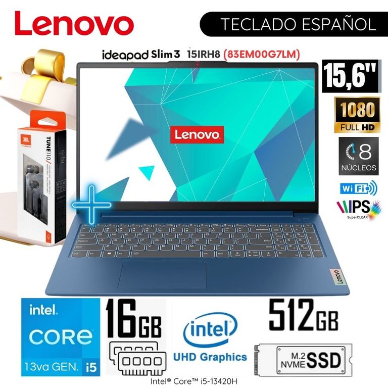 Laptop Ideapad Slim 3 15IRH8 15.6” FHD Intel Core i5-13420H RAM 16GB SSD 512GB + Audífono