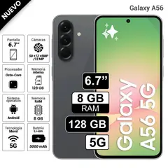 SAMSUNG - Celular Galaxy A56 5G 128GB 8GB RAM cámara principal 50MP frontal 12MP 67 Negro