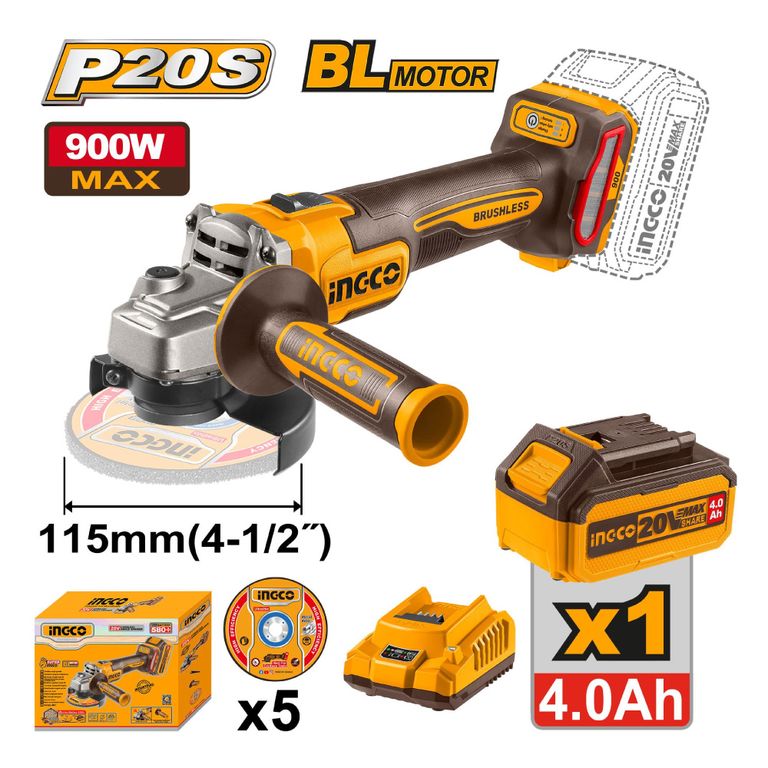 AMOLADORA BRUSHLESS INGCO 20V 900W 4 1/2'' + BATERÍA 4.0AH CAGLI261521