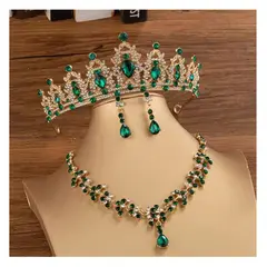 LA TIENDA 88 JOYAS Y ACCESORIOS - La Tienda 88 - Set Conjunto Novia Corona Tiara collar y aretes - Verde