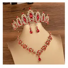LA TIENDA 88 JOYAS Y ACCESORIOS - La Tienda 88 - Set Conjunto Novia Corona Tiara collar y aretes - Rojo