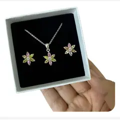 GENERICO - Set Collar Aretes Flores Circonitas Regalo Mamá Novia Plata
