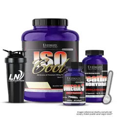ULTIMATE NUTRITION - Iso Cool 5 LB Vainilla Crema + Creatina 300 g + omega 3 ultimate 90 cap + shaker