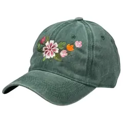 GENERICO - Gorra casual unisex Vintage o prelavada Verde botella con bordada de flores