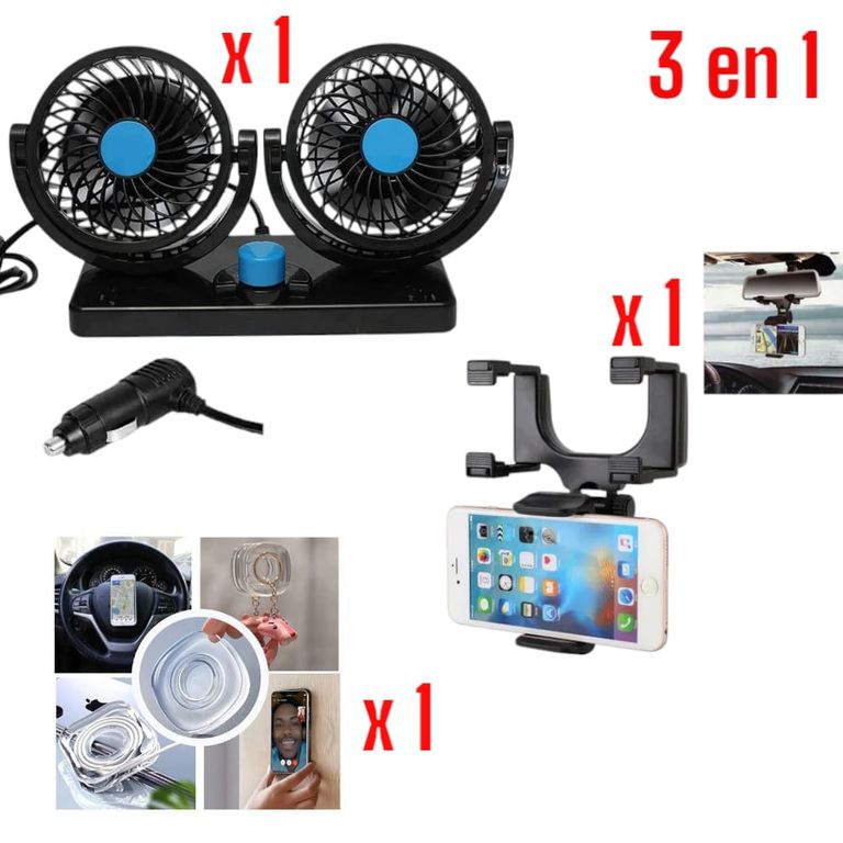 Kit Auto 3 en 1: Ventilador Dual, Holder Retrovisor y Gel Pad