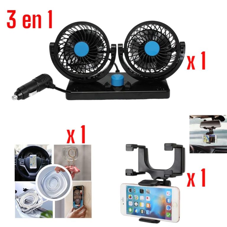 Combo Auto Ventilador Doble + Holder Retrovisor + Gel Pad