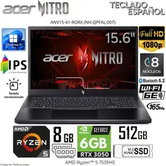 ACER - Laptop Nitro V15 ANV15-41-RORX AMD Ryzen5-7535HS 8GB RAM 512GB SSD 15.6" FHD RTX3050-6GB WIN 11