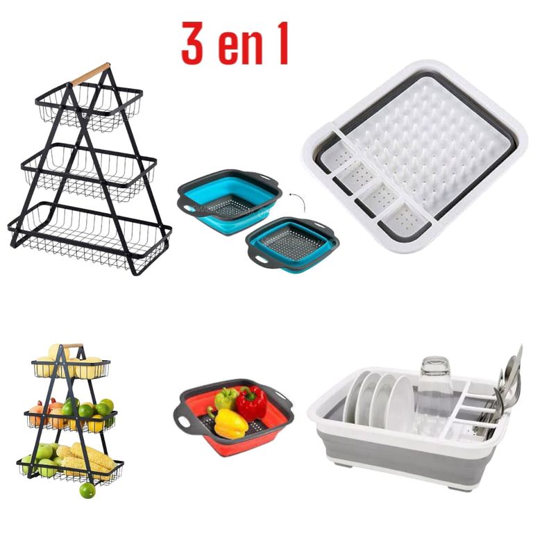 Organizador 3 en 1: Frutero, Escurridor y Colador Plegable