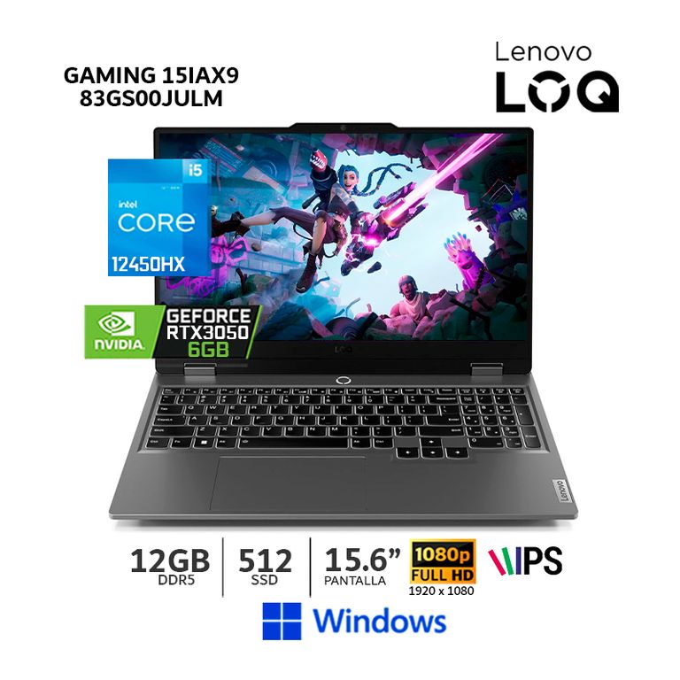 Laptop LOQ Core I5-12450HX,15.6" FHD, 12Gb Ram, 512Gb SSD, RTX 3050 6Gb - 83GS00JULM