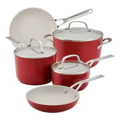 KITCHENAID - Juego de Ollas 8 Piezas Aluminio forjado Antiadherente cerámico Rojo