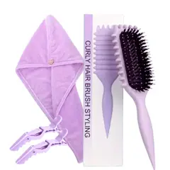 GENERICO - KIT DE CUIDADO PARA EL CABELLO RIZADO COLOR LILA PEINE CULY BOUNCETURBANTE DE MICROFIBRA Y GANCHOS