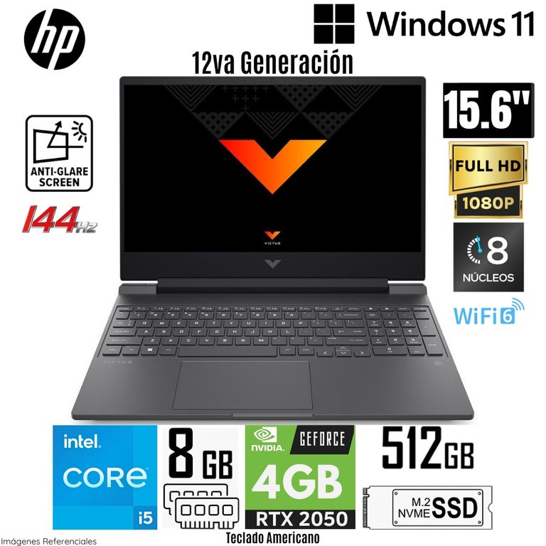 Laptop Victus 15-FA1030NR Intel Core i5-12450H 8GB RAM 512GB SSD RTX 2050-4GB 15.6" FHD 144Hz