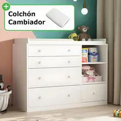 GENERICO - Cómoda Cambiador Para Bebé Amore 5 Cajones Blanco 120 cm + Colchón Huk
