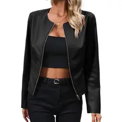 TIOZONEY - Chaqueta de PU de manga larga y cuello redondo