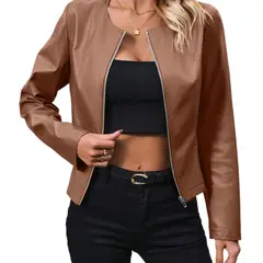 TIOZONEY - Chaqueta de PU de manga larga y cuello redondo