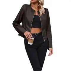 TIOZONEY - Chaqueta de PU de manga larga y cuello redondo