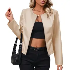 TIOZONEY - Chaqueta de PU de manga larga y cuello redondo