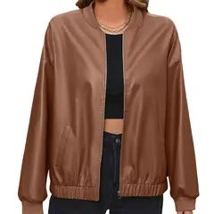 TIOZONEY - Chaqueta de PU con cremallera para mujer Loose