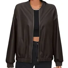 TIOZONEY - Chaqueta de PU con cremallera para mujer Loose