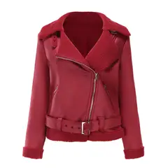 TIOZONEY - Chaqueta cálida de PU con cinturón para mujer - Rojo