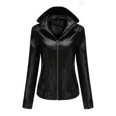 TIOZONEY - Chaqueta de PU para mujer con gorro desmontable - Negro