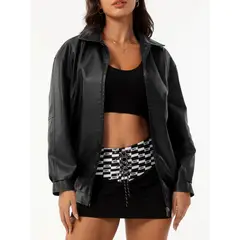 TIOZONEY - Chaqueta de piel con solapa- Negro