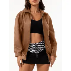 TIOZONEY - Chaqueta de piel con solapa- Marron