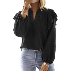 TIOZONEY - Blusa de encaje con cuello en V - Negro