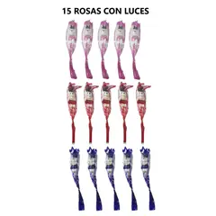 GENERICO - 15 Rosas Con Oso Y Luces 3 Velocidades - ROSA MORADO Y ROJO